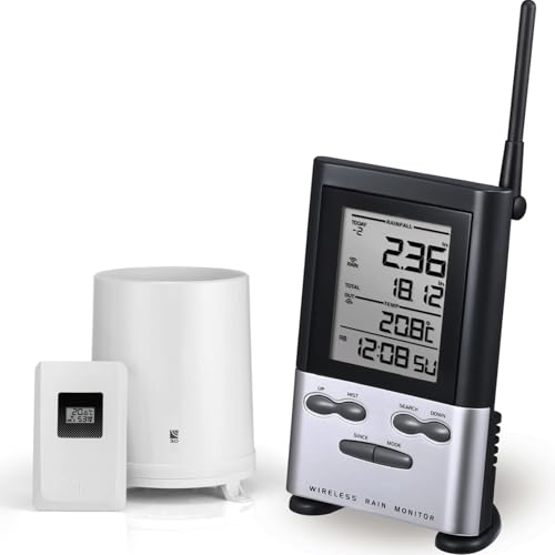 Wireless Rain Gauge Outdoor with Thermometer, Digital Rain Gauges Outdoors Best Rated with Self-Emptying & Freeze Proof, Accurate Remote Rain Measure Gauge, Automatic Outside Rain Gauge for Yard - color: Wireless Rain Gauge