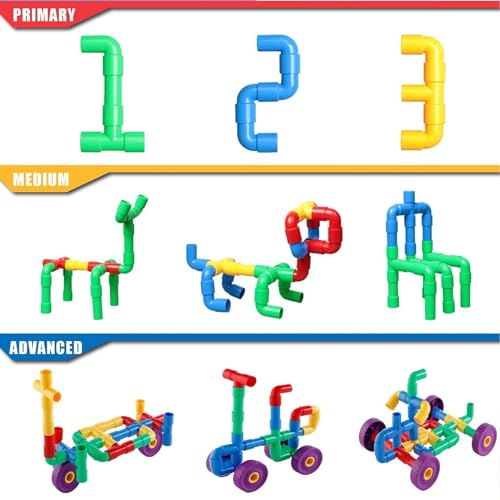 ZOZOPLAY STEM Learning Toy Tubular Pipes & Spouts & Joints 96 Piece Build Bicycle, Tank, Scootie, Moter Skills Endless Designs Educational Building Blocks Set for Kid Ages 3+ Multicolor