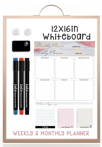 Magnetic Dry Erase Board 12x16 with Handle, Double Sided Portable Rose Gold Whiteboard for Home, Office, School & Kitchen, Includes Weekly & Monthly Magnetic Planner Sheets - style: Rose Gold Handle + Planner