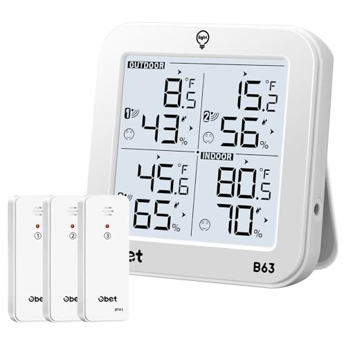 OBET Weather Station Wireless Indoor Outdoor Thermometer Wireless, Digital Temperature and Humidity Monitor with 3 Sensors, Adjustable Backlight, USB Port (500 Feet) White - color: White-Small