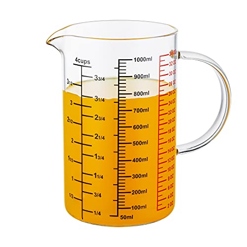 Ackers BORO3.3 Glass Measuring Cup-[Insulated handle | V-Shaped Spout]-Made of High Borosilicate Glass Measuring Cup for Kitchen or Restaurant, Easy to Read, 1000 ML (32 Oz, 4 Cup) - size: 1000ml/32OZ