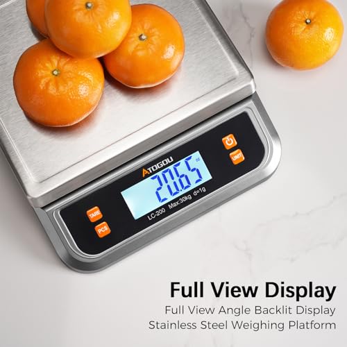 Atogou 66lb Food Scale, Commercial Kitchen Scale Plug-in Usable with Full View LCD Display, Stainless Steel, for Baking, Bread, Cooking, Meat, Vegetables, Farm, Industry LC200 Grey - size: Grey 66 lb (30 kg)