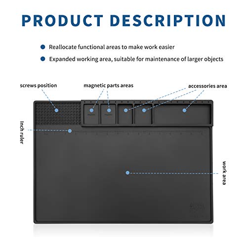 HengTianMei-202 Black Magnetic Repair Work Mat Heat Resistant 932°F, Silicone Soldering Mat Expand Work Area for Soldering, Electronics, BGA, Soldering Station, Computer Repair Etc 17" * 12" - size: HTM-202