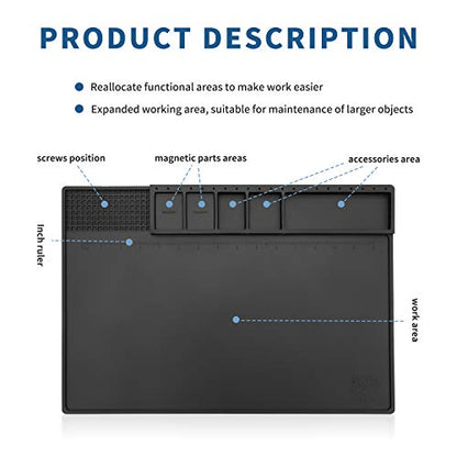 HengTianMei-202 Black Magnetic Repair Work Mat Heat Resistant 932°F, Silicone Soldering Mat Expand Work Area for Soldering, Electronics, BGA, Soldering Station, Computer Repair Etc 17" * 12" - size: HTM-202