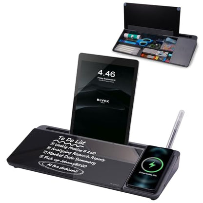 Small Glass Desktop Whiteboard Dry-Erase-Board - Computer Keyboard Stand with Wireless Charger White Board Surface Pad with Drawer, Desk Organizers with Accessories for Office, Home, School Supplies - color: Wireless Charging - Black ＆ Grey