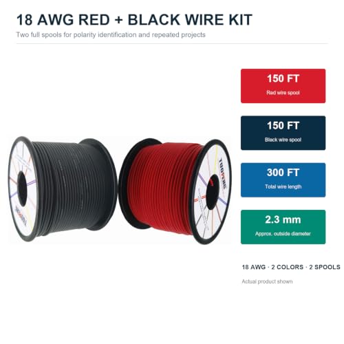 TUOFENG 18 AWG Silicone Wire, 300 ft Red/Black Tinned Copper Stranded Kit - size: 18 AWG Silicone Wire 2 Colors 150ft Each