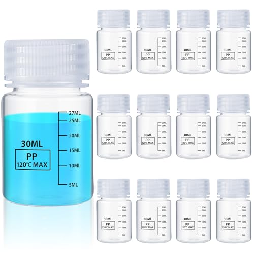 Tatuo 12 Pcs 1oz 30 ml Plastic Sample Bottles with Screw Cap, Liquid Containers with Lid for Lab Reagent Sample Medicine Pill Water Storage, Travel Bottles (Clear,Wide Mouth-Dark Scale) - color: Clear, size: 1 oz 30 ml, style: Wide Mouth-dark Scale