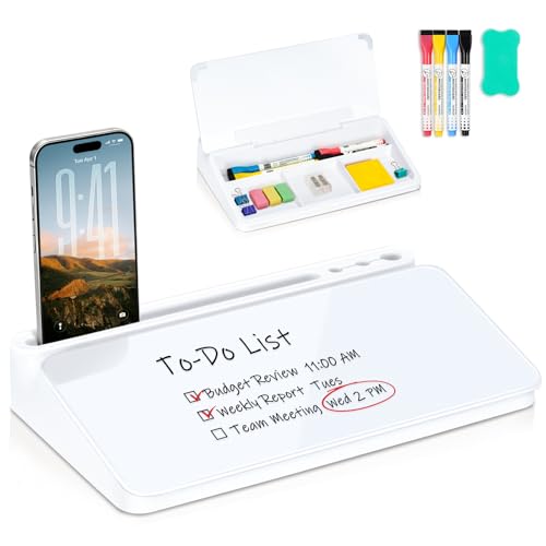Small Desktop Glass Whiteboard with Storage, Desk Dry Erase White Board - color: White