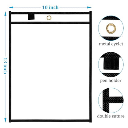 Ndsox 30 Packs Dry Erase Pockets Reusable Oversized Plastic Sleeves Clear Job Ticket Holders Heavy Duty Transparent Hanging Document Protectors for Classroom School Office Work Warehouse, Black