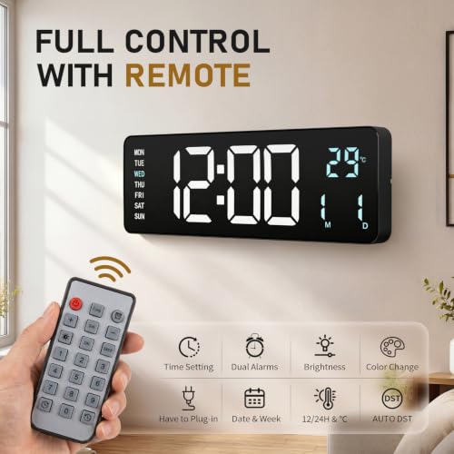 16" Large Digital Wall Clock with LED Display &Remote Control for Classroom - color: Blue