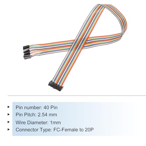 MECCANIXITY 1 Pcs IDC Rainbow Wire Flat Ribbon Cable FC-Female to 20P 19.6 Inch Length 2.54mm Pitch Breadboard Jumper Wires for Electronic Projects - size: 19.6 Inch, style: 20 Pin