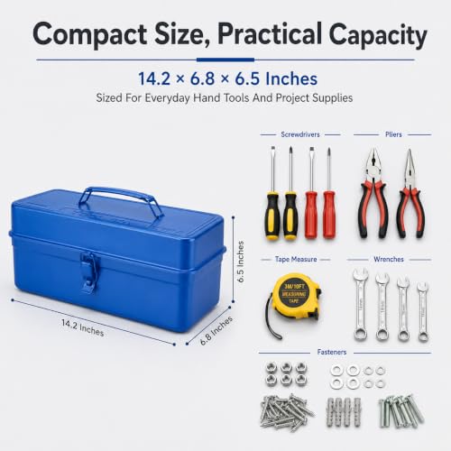 14.2 Inch Portable Metal Tool Box with Removable Tray, Blue - color: Blue