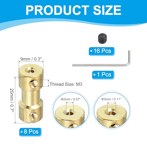 PATIKIL Brass Shaft Coupling Joint 2mm to 3mm, 8 Pcs Motor Shaft Coupler Extension Connector Rigid Sleeve Adapter Transmission Joint with Screws for RC Car Tires Shaft Motor - size: 2mm to 3mm