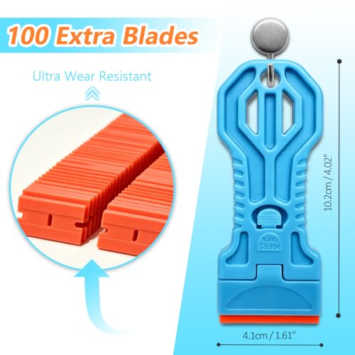 2 Pack Plastic Razor Blade Scraper with 100 Replacement Plastic Blades, Tool-Free One-Press Blade Replacement, Non Scratch Adhesive Remover for Stickers, Labels, Decals, Glass, Windows & Cars