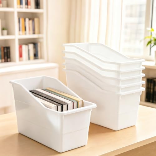 12 Pack Book Bins for Classroom Stackable Plastic Storage with Labels - color: White