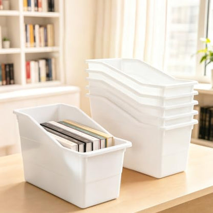 12 Pack Book Bins for Classroom Stackable Plastic Storage with Labels - color: White