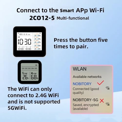 2CO12-5，Weather Stations Wireless Indoor Outdoor Thermometer & Smart WiFi with Phone App, 5 sensors Temperature and Humidity Monitor & Store Data for 1 Year, Temperature Alarm.