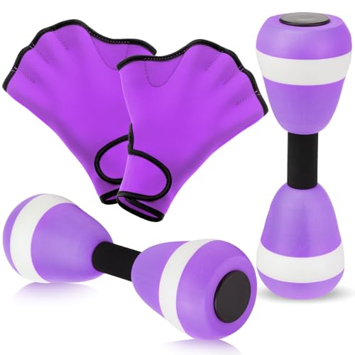 Seenelling Water Aerobics Set for Adults Neoprene Swim Gloves 2 Foam Aquatic Dumbbells Pool Exercise Equipment Water Weights for Aquatic Fitness Low Impact Pool Workouts - color: Purple