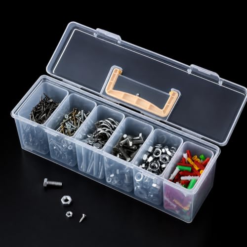 Tool Storage Box, Small Parts Organizer with 1 Outer Box & 6 Removable Dividers, Hardware Container Gift for Men Screws, Nuts, Electronics, Crafts, Fishing, Garage, Father's Day