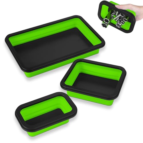 Collapsible Magnetic Parts Tray Set, 3 Different Size Tool Trays, Green - color: Green