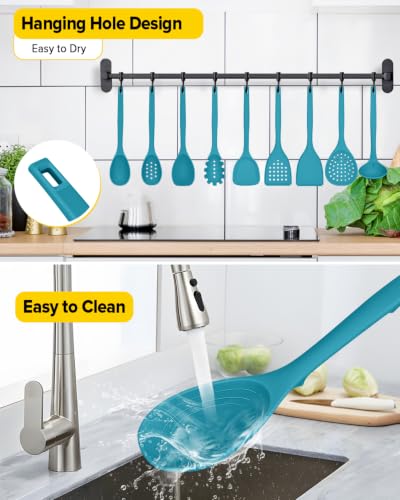 BUNDLEPRO Silicone Cooking Utensils Set, 9 Pcs Kitchen Utensils, One-Piece - color: Blue