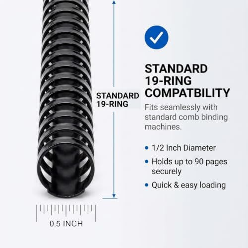 Performore 1/2 Inch Plastic Comb Binding Spines, 100 Pack, Black Binding Combs, Durable 19 Ring Binding Supplies for Reports, Presentations, Manuals, Proposals, School & Office Documents - size: 1/2 inch