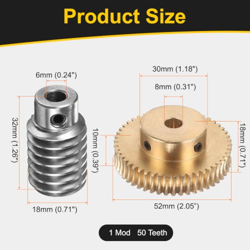 uxcell Worm Gear Set 50T 1 Module 50:1 Reduction Rate, 8mm/6mm Bore - size: 8mm/6mm Bore (1Mod 50T)