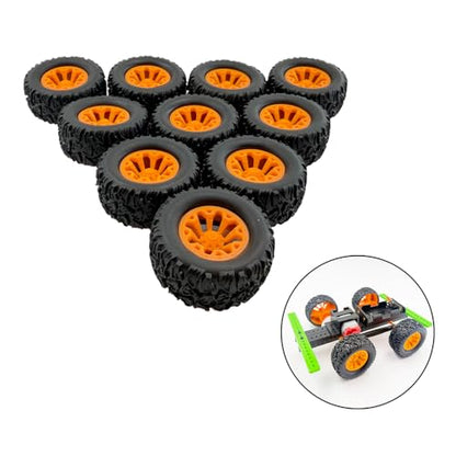 10PCS Toy Car Wheel RC Car Rubber Tire Wheel with 5PCS Round Rod Shaft Axles for RC Car Truck Robot DIY Model Toy Parts(2x44mm Orange) - style: 2x44mm Orange