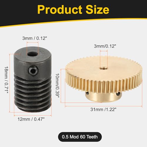 uxcell Worm Gear Set 60T 0.5 Module 60:1 Reduction Rate, Right Rotation Drive Gear Box Wheel Reduce Transmission Part (Brass Gear-3mm Bore, #45 Steel Rod 3mm Bore) - size: Gear-3mm, Rod-3mm Bore, style: 0.5M-60T