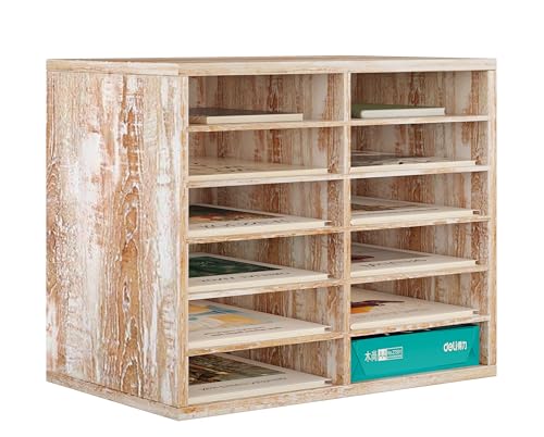 PAG-Mass Countertop Mail Sorter Organizer, Wooden Literature Organizer, Student Mailbox for Classroom, Desktop Bill Organizer for Office Home School, 12 Compartments, Retro White - color: Retro White, size: 12(6x2) Compartments