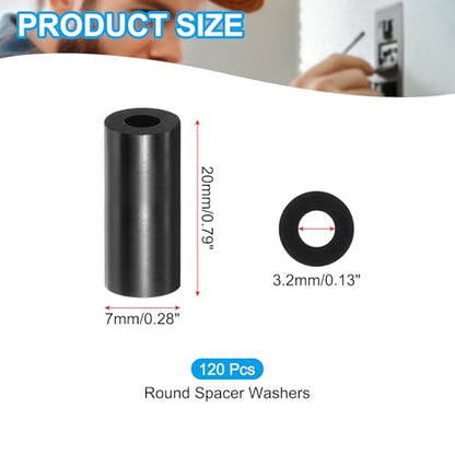 PATIKIL M3 Black ABS ID 3.2mm,OD 7mm,Length 20mm, Nylon Round Spacer Washers, 120Pcs Plastic Standoff Rubber Nut Unthreaded for M3 Screws Electrical Outlet Switch Receptacle - size: 3.2mm x 7mm x 20mm