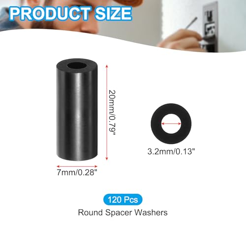 PATIKIL M3 Black ABS ID 3.2mm,OD 7mm,Length 20mm, Nylon Round Spacer Washers, 120Pcs Plastic Standoff Rubber Nut Unthreaded for M3 Screws Electrical Outlet Switch Receptacle - size: 3.2mm x 7mm x 20mm