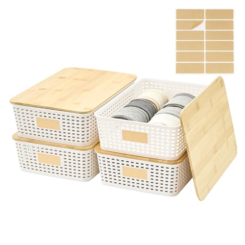 Bagnizer 4 Pack Plastic Storage Bins with Bamboo Lids, 6.2qt Stackable Storage Organizer Box with Lable for Pantry Shelves Drawers Desktop Office, 12"L x 8.3"W x 3.5"H, Cream White - color: Cream White, size: Shallow- 4 Pack