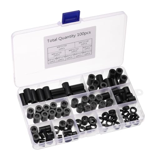 PATIKIL M6 Nylon Spacers, 100Pcs Plastic Spacer Assortment 6mm ID x 11mm OD Spacer Screw Standoff Round Electrical Outlet Spacers for 1/4in Screw Bolts Hardware Receptacle, Black