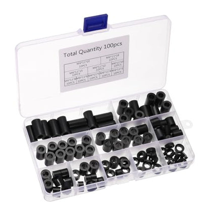 PATIKIL M6 Nylon Spacers, 100Pcs Plastic Spacer Assortment 6mm ID x 11mm OD Spacer Screw Standoff Round Electrical Outlet Spacers for 1/4in Screw Bolts Hardware Receptacle, Black