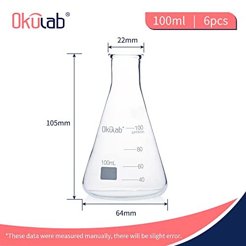 Conical Flask Set, Glass Erlenmeyer Flasks, 6pcs of Vol.100ml, Borosilicate 3.3 Glass Material with Printed Graduation.EFNG100A6 - style: Vol.100ml, pack of 6