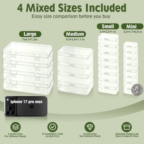 Guyuyii Small Clear Containers with Lids, 24 Pack Mixed-Size Boxes