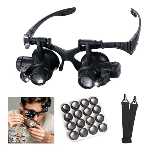 MLOGIROA Head Magnifying Glass with LED Light with 8 Interchangeable Lens - color: 8 Lens Head Mount Magnifier