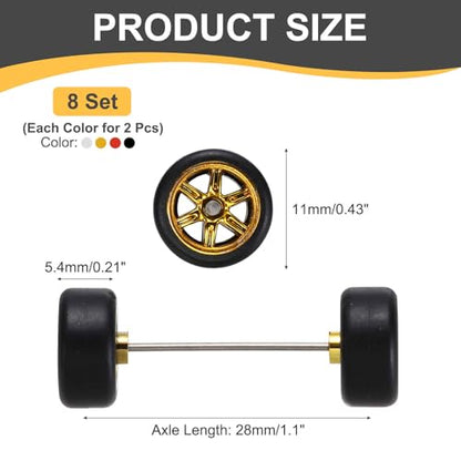 MECCANIXITY 8 Set 1/64 Wheels and Tires Set, Real Riders Rims Includes Axles for RC Diecast Car DIY Model, 5 and 6-Spoke Gold Silver Red Line Black Rims
