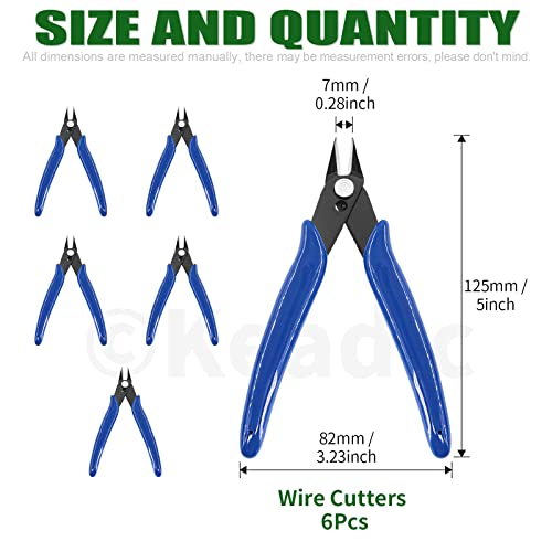 Keadic 6Pcs 5" Wire Cutters with Internal Spring and Soft Rubber Handle, Mini Flush Cutters, Micro Cutting Pliers Wire Nippers, Small Side Cutters for Hobby Modeling Jewelry Electronic Crafts (Blue)