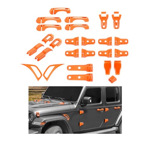 CheroCar 43PCS Full Set Exterior Trim Kit Fit for 2018-2026 Jeep Wrangler JL 4Door Orange Door Handle,Hood Hinge,Left Right Door Hinge,Tailgate Handle,Spare Tire Bracket,Fender Vent Cover Trim - color: Orange
