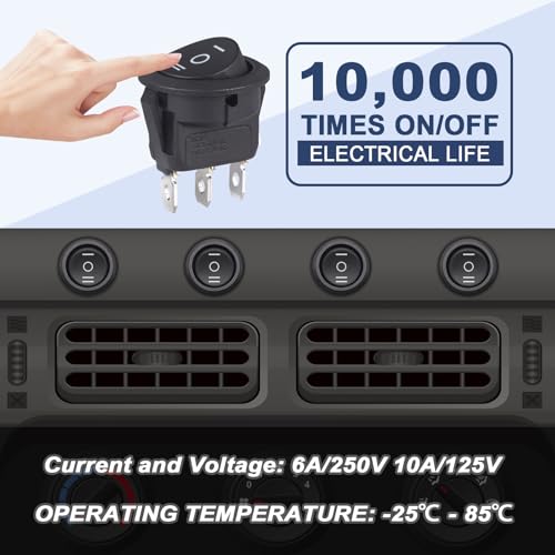 VEXUNGA Round Rocker Switch 3 Pin Circle Switches Square On Off On 6A 250V 10A 125V AC Black Round Toggle Switch Square for Car Marine Boat (Pack of 10pcs) - style: 10Pcs 3 Pin ON/OFF/ON - Black