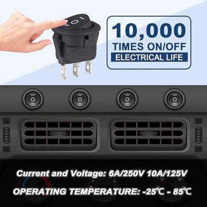 VEXUNGA Round Rocker Switch 3 Pin Circle Switches Square On Off On 6A 250V 10A 125V AC Black Round Toggle Switch Square for Car Marine Boat (Pack of 10pcs) - style: 10Pcs 3 Pin ON/OFF/ON - Black