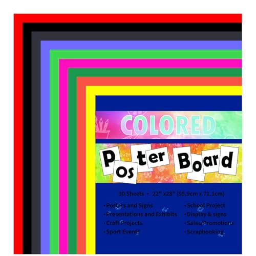 pmybupo Neon Poster Board 30 Sheets-22x28-Inch Double-Sided Color Cardstock Paper,Ideal for Signs,Crafts,Projects-10 Assorted Colors in Bulk Pack,Three of each color - style: Colored Poster Board 22*28 30 pc