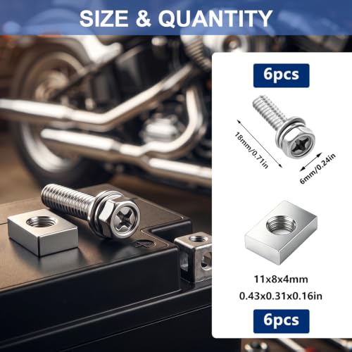 Tnisesm 12PCS M6x18 Battery Terminal Motorcycle Bolts and Nuts Kit, 304 Stainless Steel Battery Bolt with Square Nut for ATV Bike, Motorcycle, Scooter - size: M6*18MM