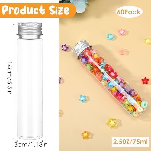 60 Pack 75ml Clear Plastic Test Tubes with Screw Caps – Flat-Bottomed Candy Tubes for Bath Salts, Spices, Party Favors & Science Experiments