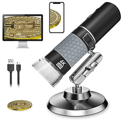 4K 3840x2160P Wireless Digital Microscope, Handheld HD USB Inspection Camera Endoscope 50x-1000x Magnification, Compatible with iPhone iPad Android Phone Tablet Windows Mac (with Stand)