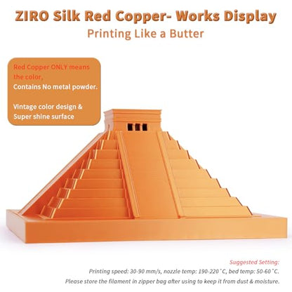 ZIRO PLA 3D Printer Filament, Shiny Glossy Surface, 1KG/2.2lbs, Red Copper - color: Silky-red Copper
