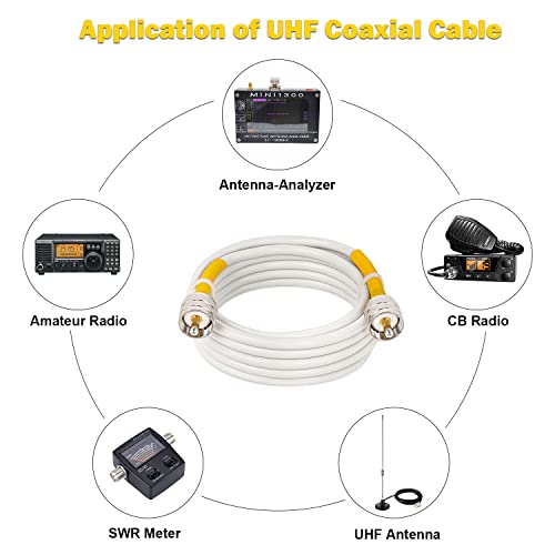 MOOKEERF CB Coax Cable, RG8x PVC White Marine Antenna Cable 10ft, PL259 Male to Male, Low Loss, 50 Ohm for CB Radio, Ham Radio, Antenna Analyzer, Dummy Load and SWR Meter - size: 10FT