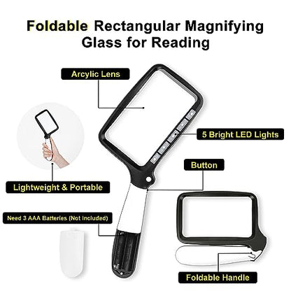 3X Folding Magnifying Glass with Light, Retancular Lighted Magnifier with 5 LED Lights, Handhold Page Magnify Lens Seniors Gift for Reading Books, Coins, Maps, Inspection, Exploring -Black - style: Folding Black